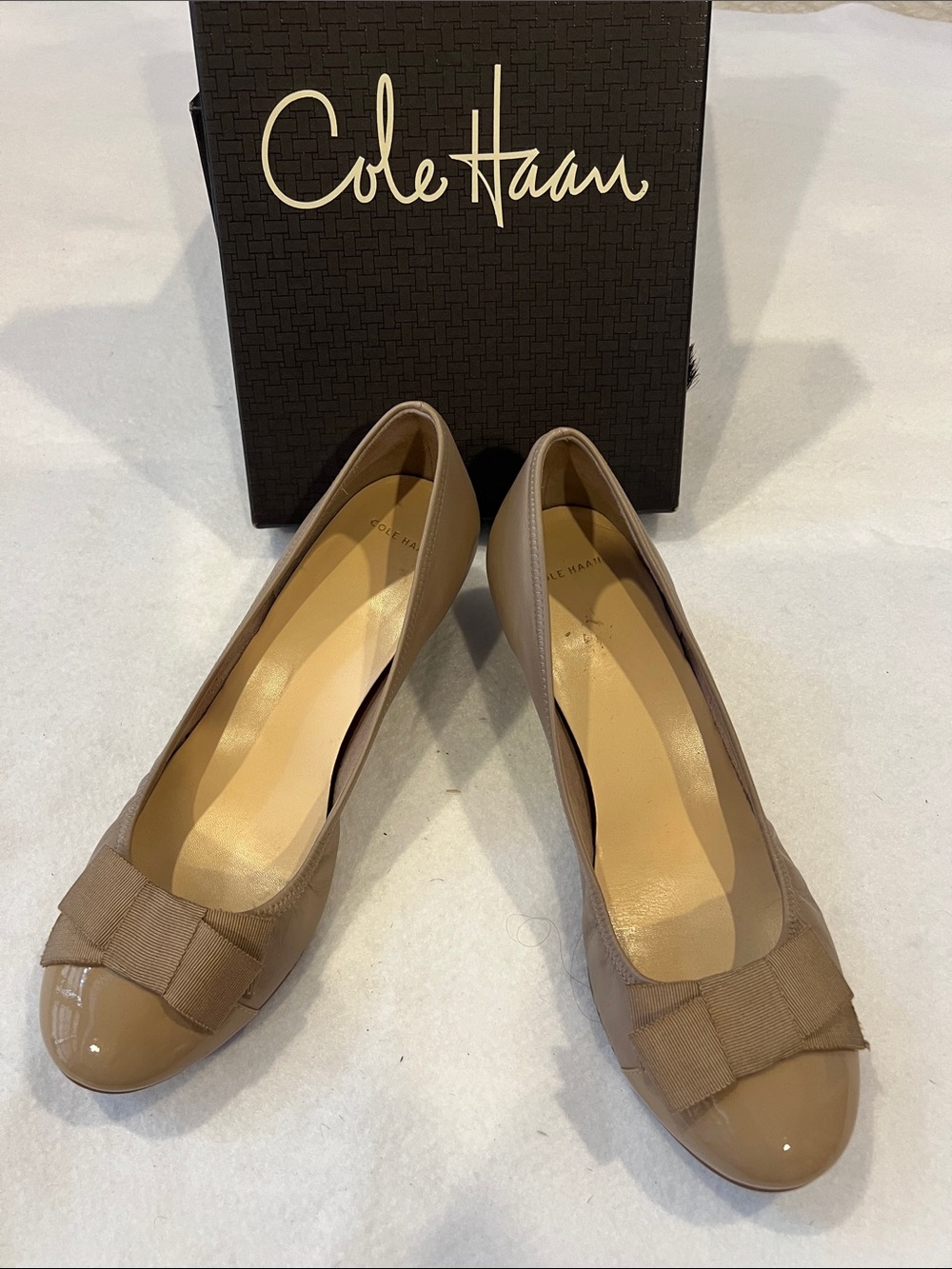 Cole Haan Taupe Patent Cap-Toe Wedges with Bow Accent